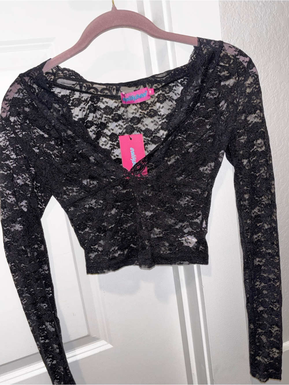 Edikted Black Sheer Lace Long-Sleeve Cropped Top